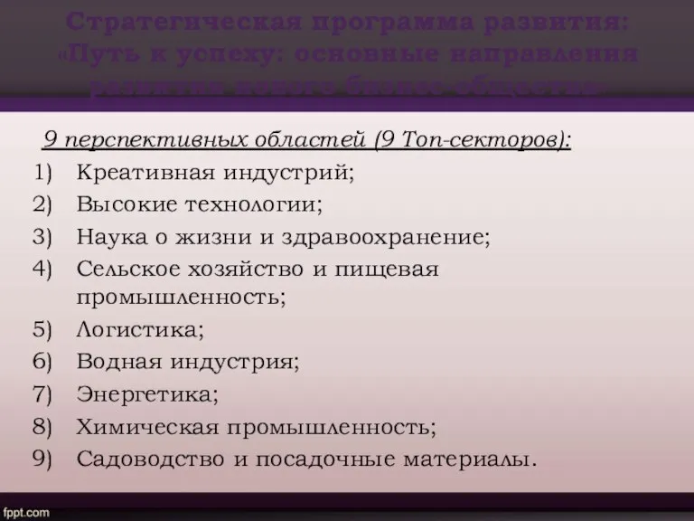 Стратегическая программа развития: «Путь к успеху: основные направления развития нового бизнес-общества» 9