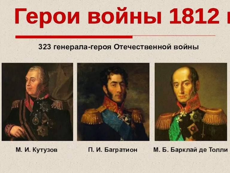 Герои войны 1812 г. М. И. Кутузов П. И. Багратион М. Б.