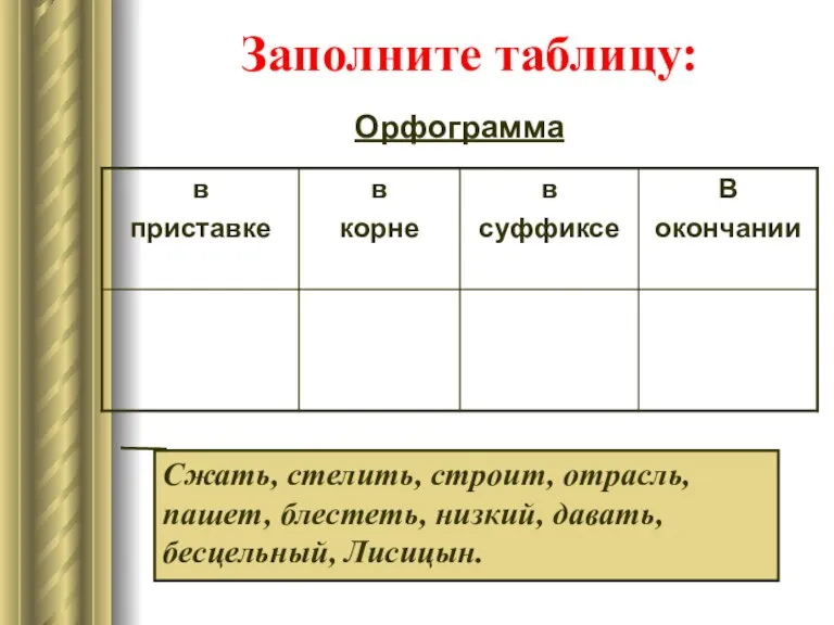 Заполните таблицу: Орфограмма Сжать, стелить, строит, отрасль, пашет, блестеть, низкий, давать, бесцельный, Лисицын.