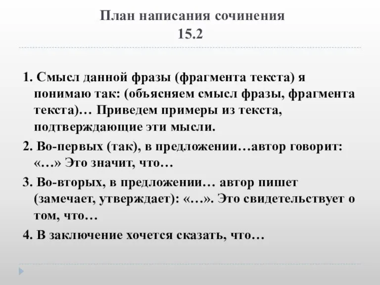 План написания сочинения 15.2 1. Смысл данной фразы (фрагмента текста) я понимаю