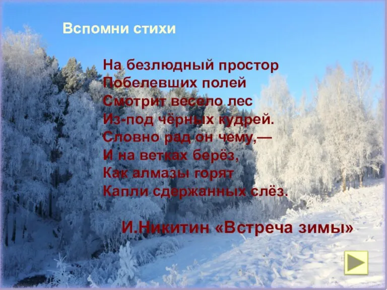 Вспомни стихи На безлюдный простор Побелевших полей Смотрит весело лес Из-под чёрных