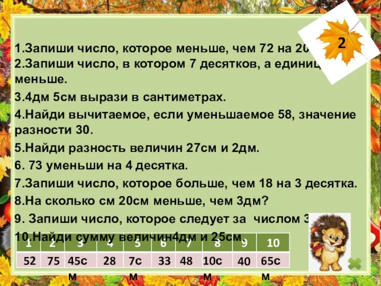 52 75 45см 28 7см 33 48 10см 40 65см 1.Запиши число,