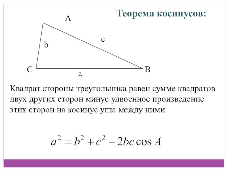 A B C Теорема косинусов: Квадрат стороны треугольника равен сумме квадратов двух