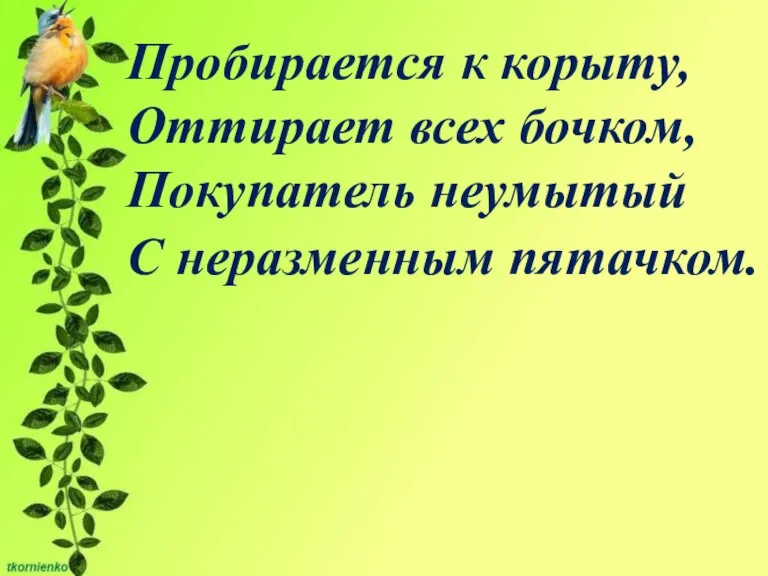 Пробирается к корыту, Оттирает всех бочком, Покупатель неумытый С неразменным пятачком.