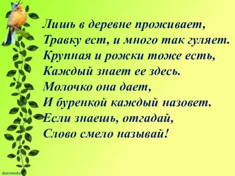 Лишь в деревне проживает, Травку ест, и много так гуляет. Крупная и