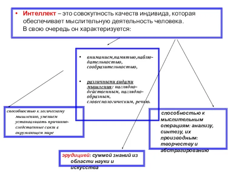 Интеллект – это совокупность качеств индивида, которая обеспечивает мыслительную деятельность человека. В