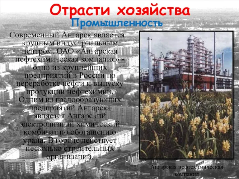 Современный Ангарск является крупным индустриальным центром. ОАО «Ангарская нефтехимическая компания» - одно