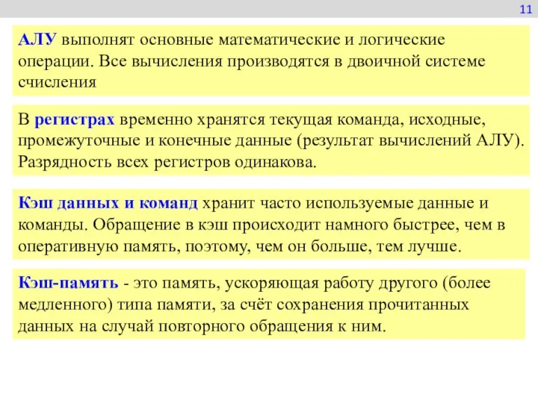 11 АЛУ выполнят основные математические и логические операции. Все вычисления производятся в