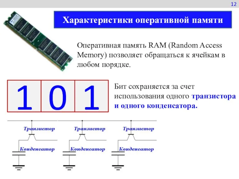 12 Характеристики оперативной памяти Оперативная память RAM (Random Access Memory) позволяет обращаться