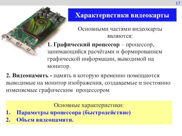 17 Характеристики видеокарты Основными частями видеокарты являются: 1. Графический процессор – процессор,