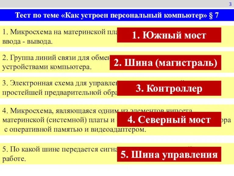 3 1. Микросхема на материнской плате отвечающий за устройства ввода - вывода.