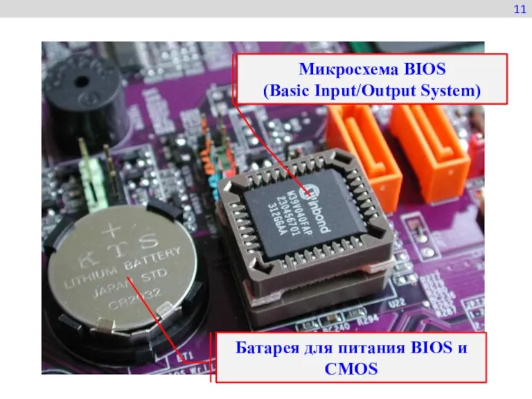 11 Микросхема BIOS (Basic Input/Output System) Батарея для питания BIOS и CMOS