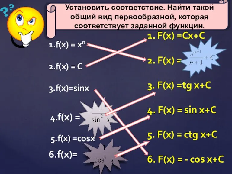 1.f(x) = хn 2.f(x) = C 3.f(x)=sinx 4.f(x) = 6.f(x)= 1. F(x)