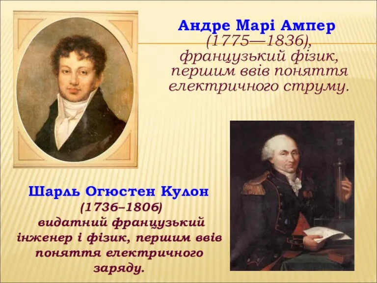 Андре Марі Ампер (1775—1836), французький фізик, першим ввів поняття електричного струму. Шарль
