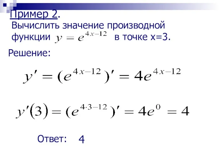 Пример 2. Вычислить значение производной функции в точке x=3. Решение: Ответ: 4
