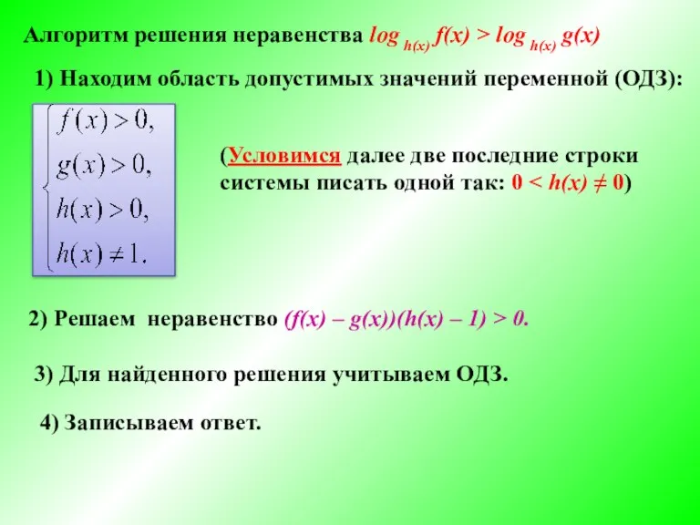 Алгоритм решения неравенства log h(x) f(x) > log h(x) g(x) 1) Находим