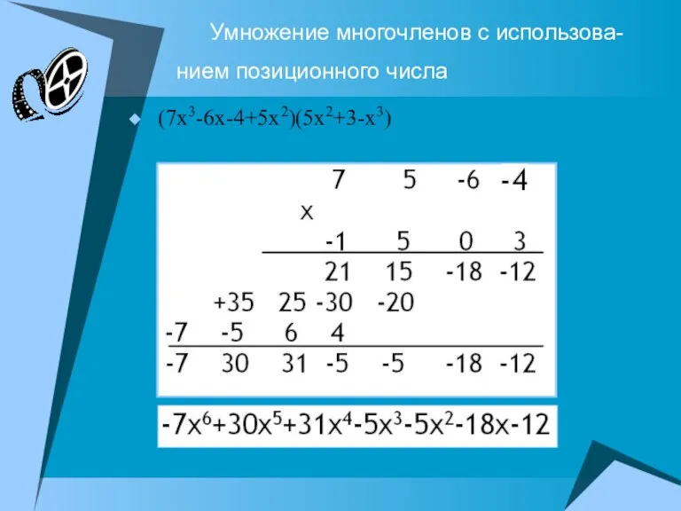 Умножение многочленов с использова-нием позиционного числа (7x3-6x-4+5x2)(5x2+3-x3)