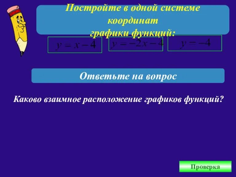 Постройте в одной системе координат графики функций: Ответьте на вопрос Каково взаимное расположение графиков функций? Проверка