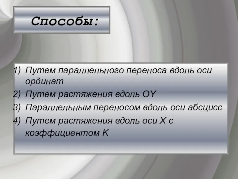 Способы: Путем параллельного переноса вдоль оси ординат Путем растяжения вдоль ОY Параллельным