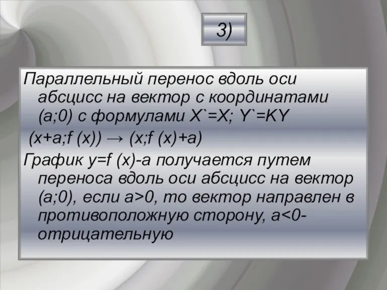 Параллельный перенос вдоль оси абсцисс на вектор с координатами (a;0) с формулами