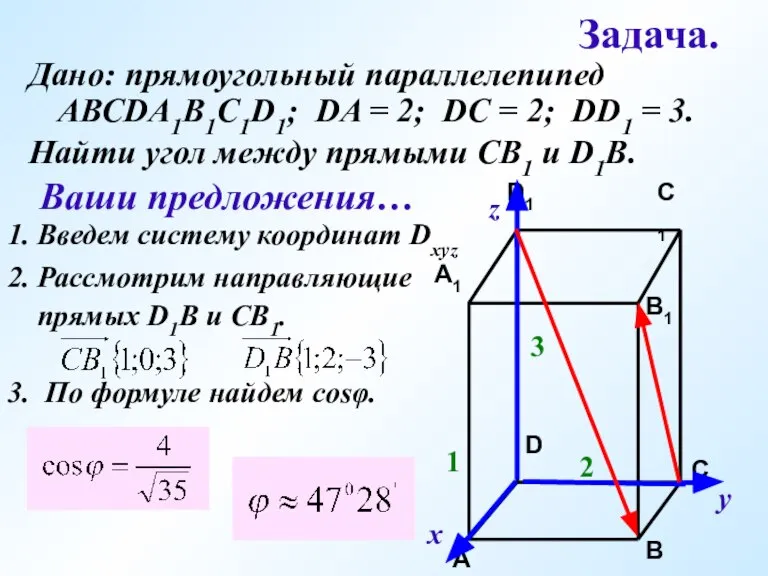 Задача. Дано: прямоугольный параллелепипед АВСDA1B1C1D1; DA = 2; DC = 2; DD1