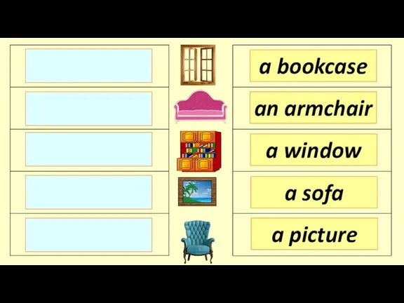 a bookcase an armchair a window a picture a sofa