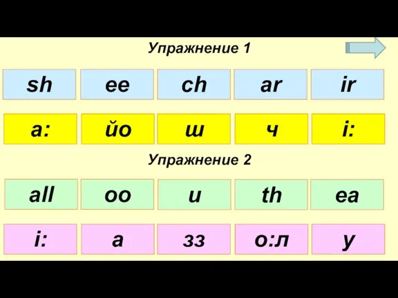 Упражнение 1 Упражнение 2 а: ш ч йо і: і: зз о:л