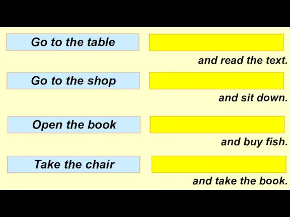 and read the text. and sit down. and buy fish. and take