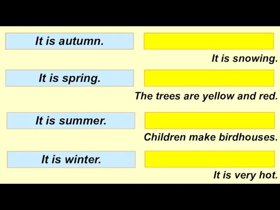 It is snowing. The trees are yellow and red. Children make birdhouses.