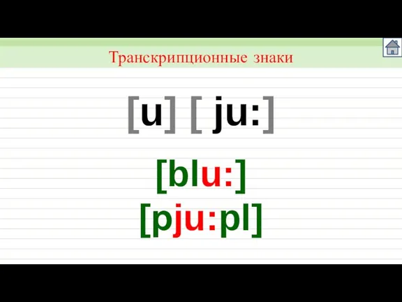 [u] [ ju:] Транскрипционные знаки [blu:] [pju:pl]