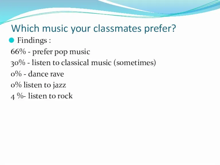 Which music your classmates prefer? Findings : 66% - prefer pop music