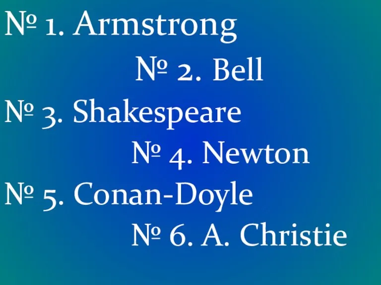 № 1. Armstrong № 2. Bell № 3. Shakespeare № 4. Newton