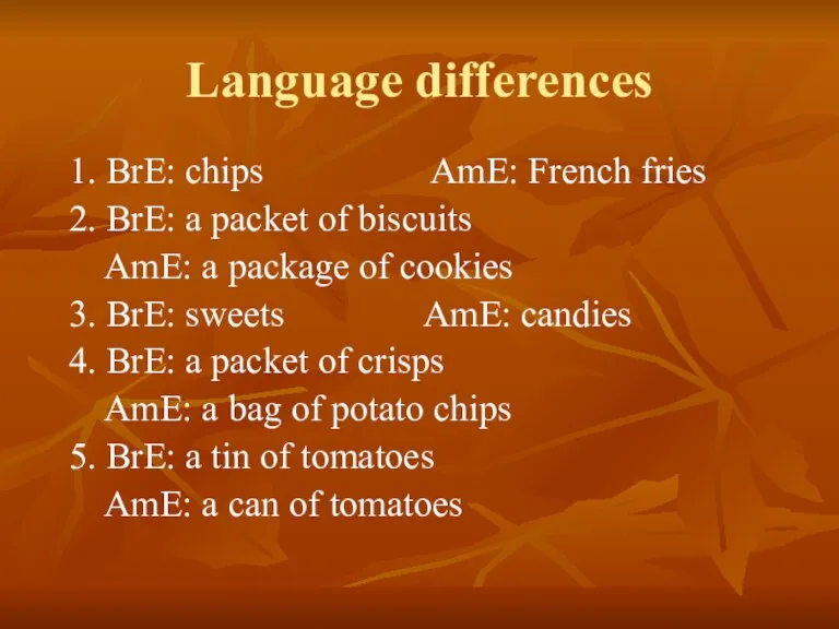 Language differences 1. BrE: chips AmE: French fries 2. BrE: a packet
