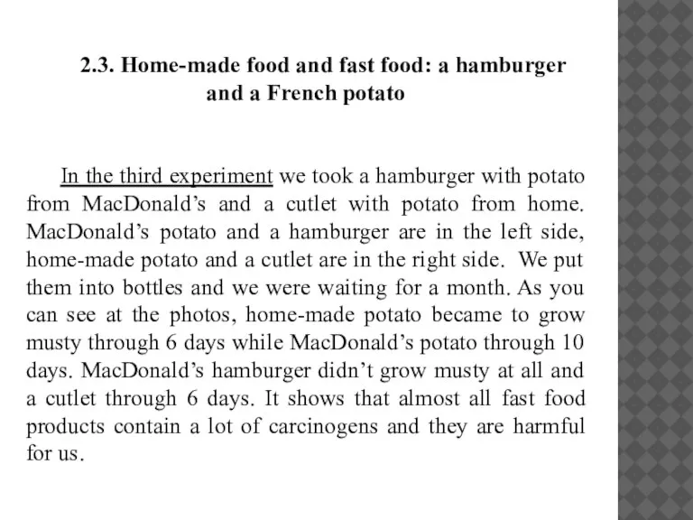 2.3. Home-made food and fast food: a hamburger and a French potato