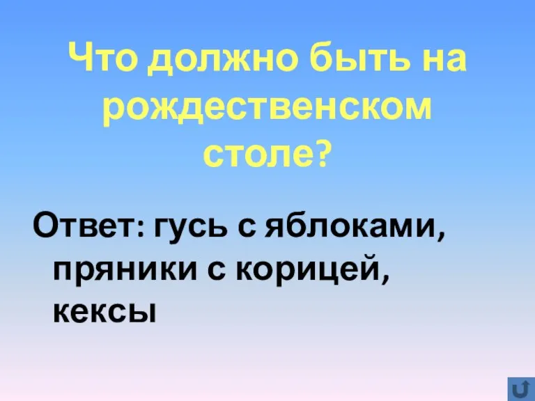 Что должно быть на рождественском столе? Ответ: гусь с яблоками, пряники с корицей, кексы