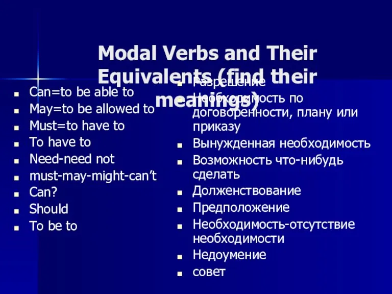 Modal Verbs and Their Equivalents (find their meanings) Can=to be able to