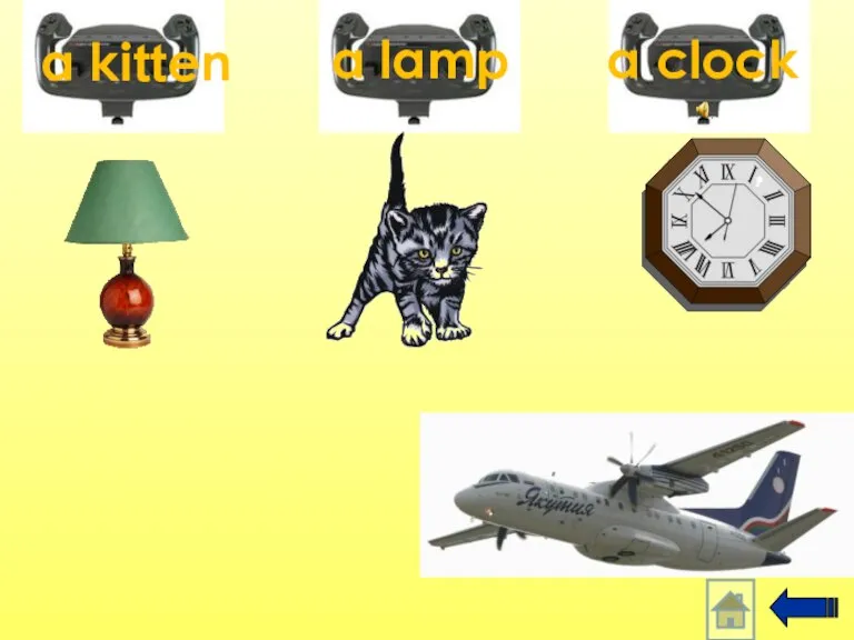 a kitten a lamp a clock