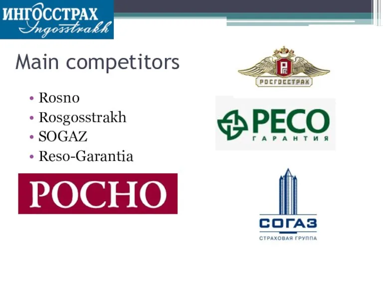 Main competitors Rosno Rosgosstrakh SOGAZ Reso-Garantia