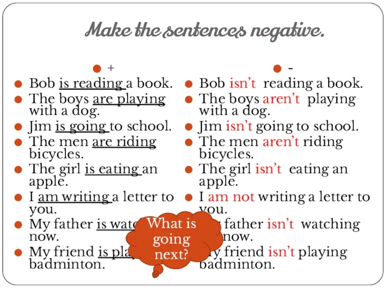 Make the sentences negative. - Bob isn’t reading a book. The boys