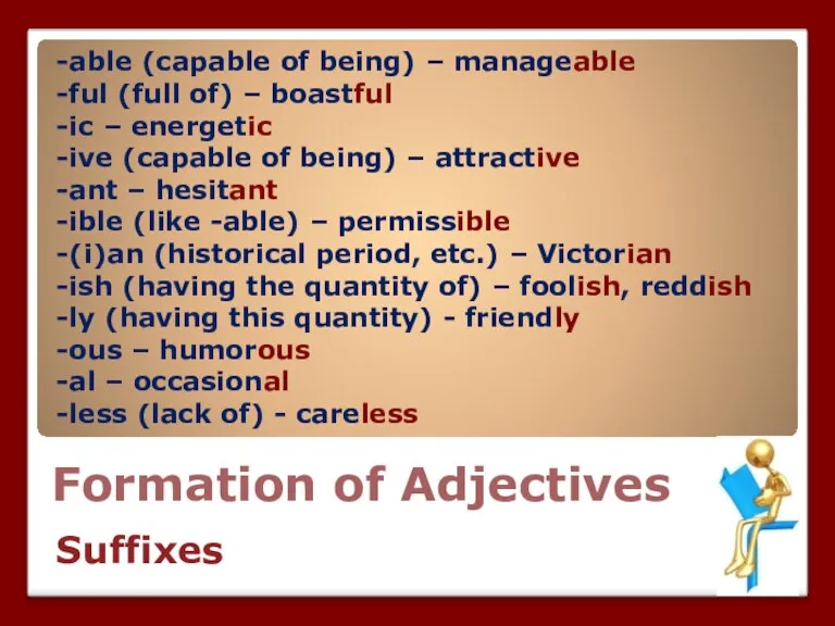 Formation of Adjectives -able (capable of being) – manageable -ful (full of)