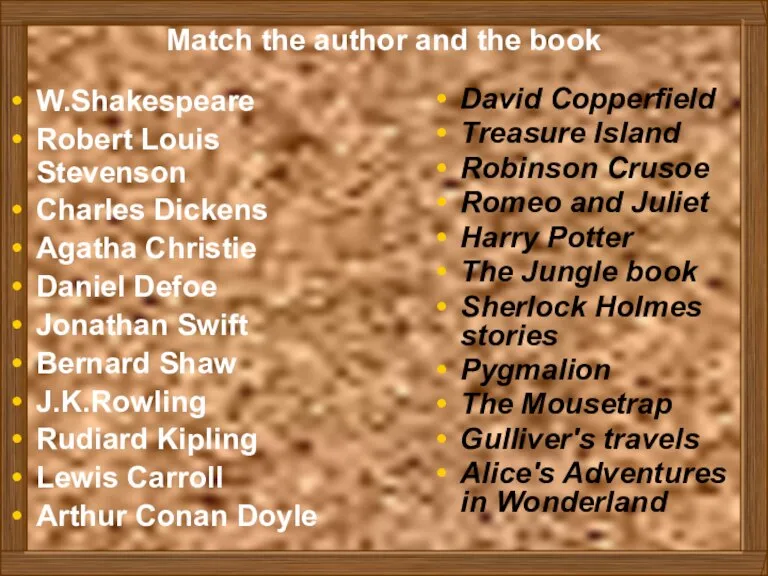 Match the author and the book W.Shakespeare Robert Louis Stevenson Charles Dickens