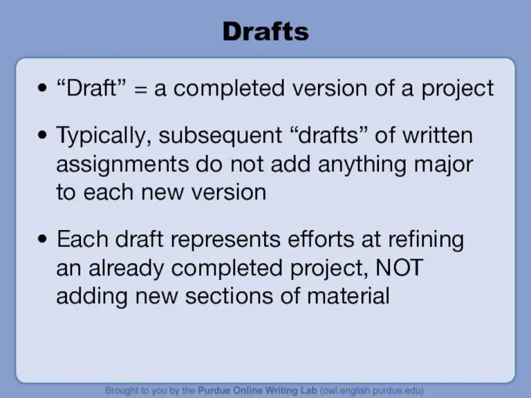 Drafts “Draft” = a completed version of a project Typically, subsequent “drafts”