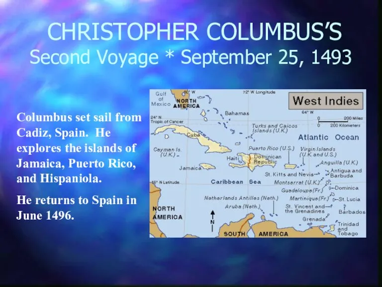 CHRISTOPHER COLUMBUS’S Second Voyage * September 25, 1493 Columbus set sail from