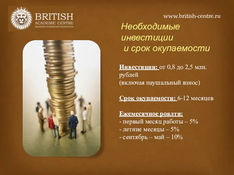 Необходимые инвестиции и срок окупаемости Инвестиции: от 0,8 до 2,5 млн. рублей