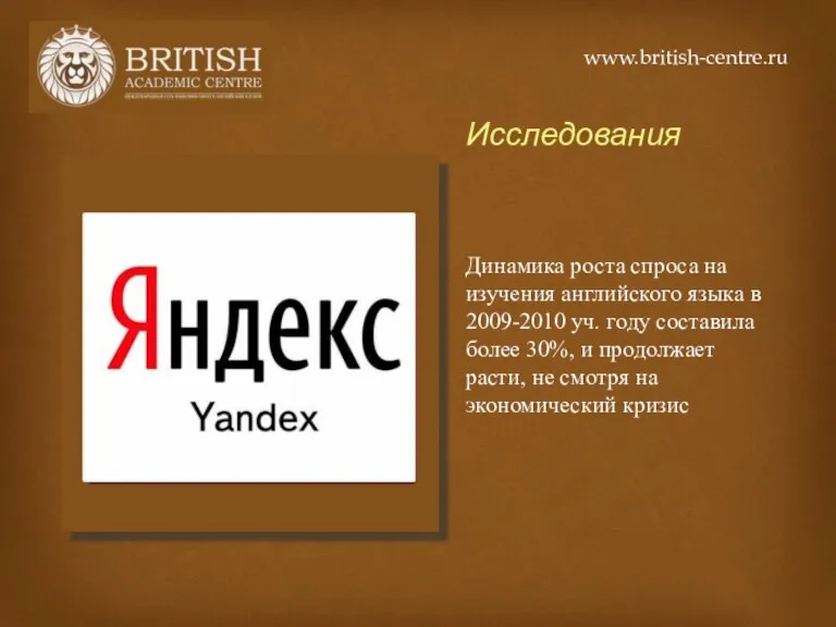 Исследования Динамика роста спроса на изучения английского языка в 2009-2010 уч. году