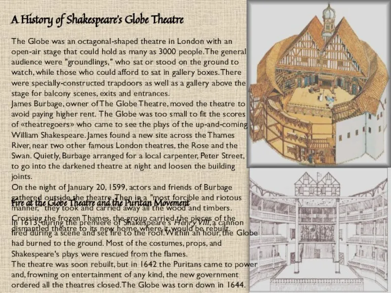 A History of Shakespeare's Globe Theatre The Globe was an octagonal-shaped theatre