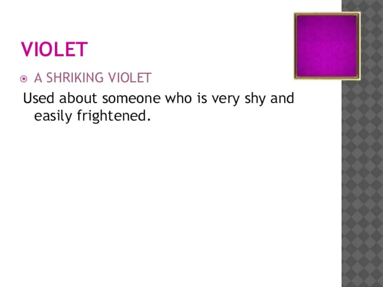VIOLET A SHRIKING VIOLET Used about someone who is very shy and easily frightened.