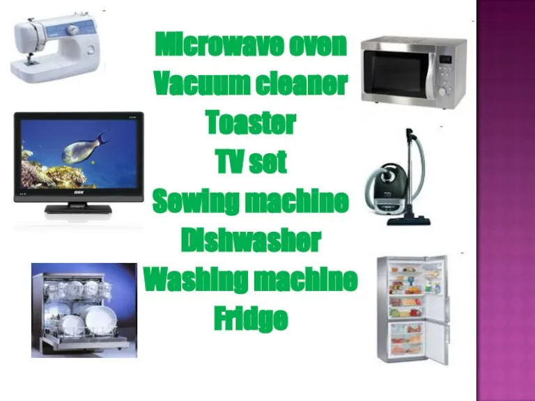 Microwave oven Vacuum cleaner Toaster TV set Sewing machine Dishwasher Washing machine Fridge