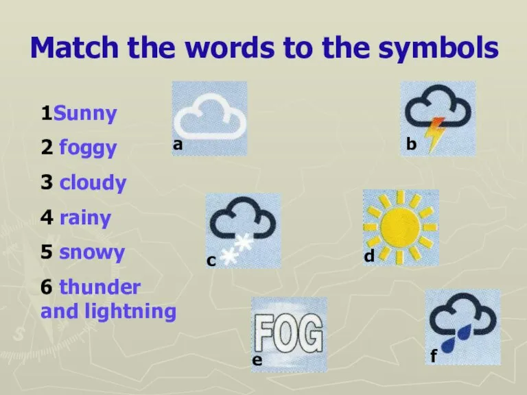 Match the words to the symbols 1Sunny 2 foggy 3 cloudy 4