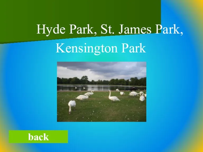 Hyde Park, St. James Park, Kensington Park back